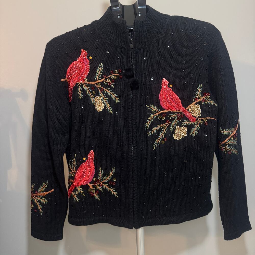 Heirloom Collectibles Christmas Cardinal Embellished Vintage Zip Sweater - Med